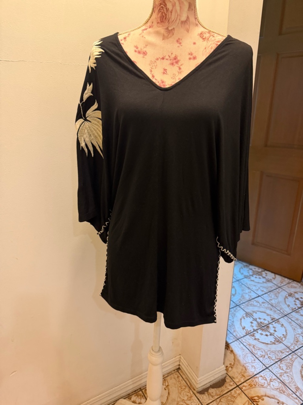 Women's Black V-Neck Embroidered Sleeve Blouse